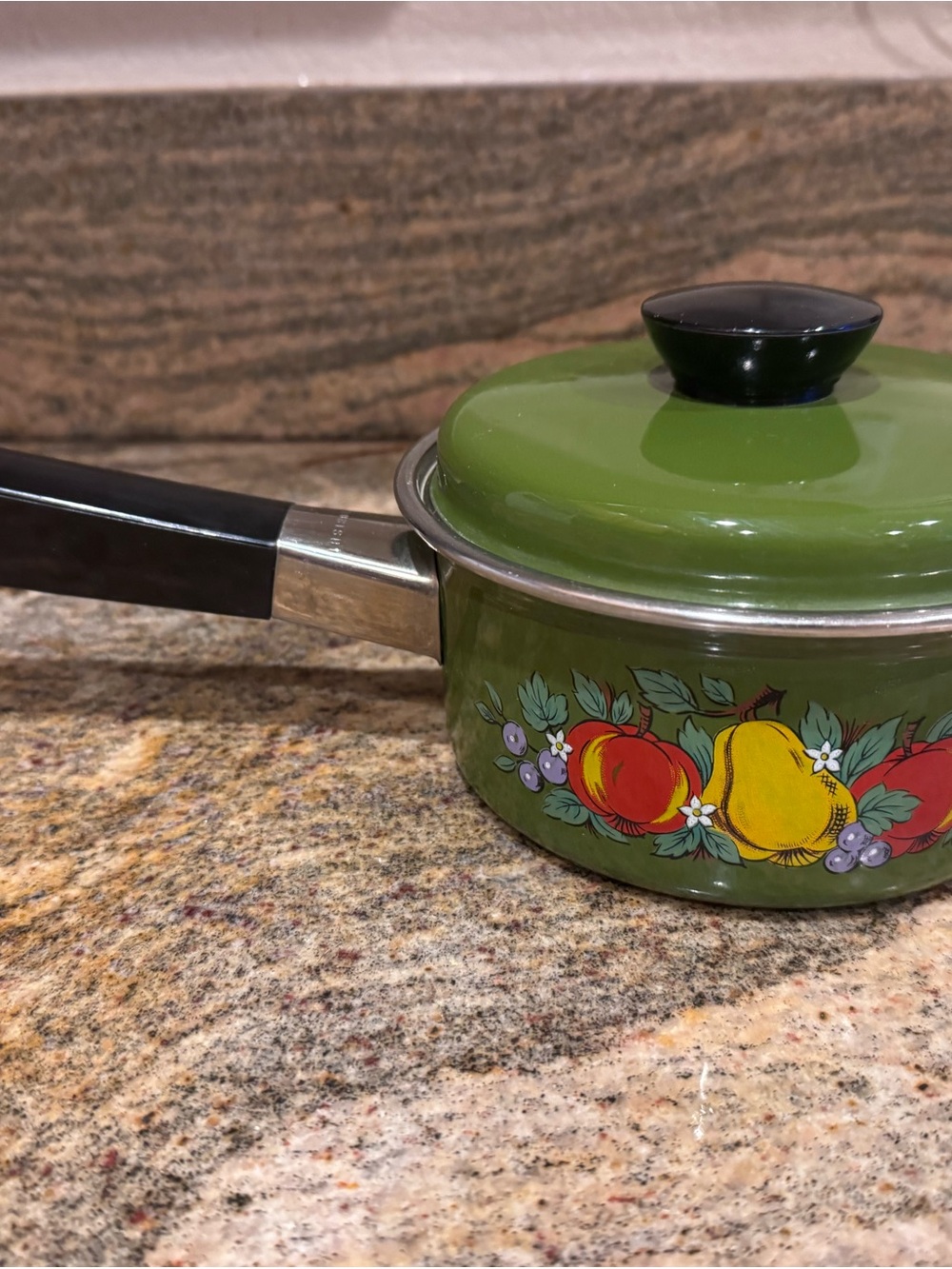 Vintage Green Fruit-Print Enamel Saucepan with Lid .6 qts great condition!